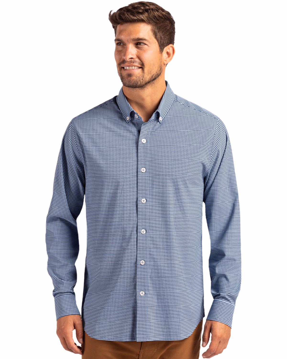 Custom Cutter & Buck Skyline Recycled Gingham Mens Long Sleeve Button Down Dress Shirt — Pale Blue/Navy Blue front