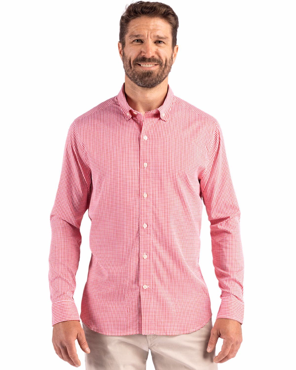 Custom Cutter & Buck Skyline Recycled Gingham Mens Long Sleeve Button Down Dress Shirt — Red/White front