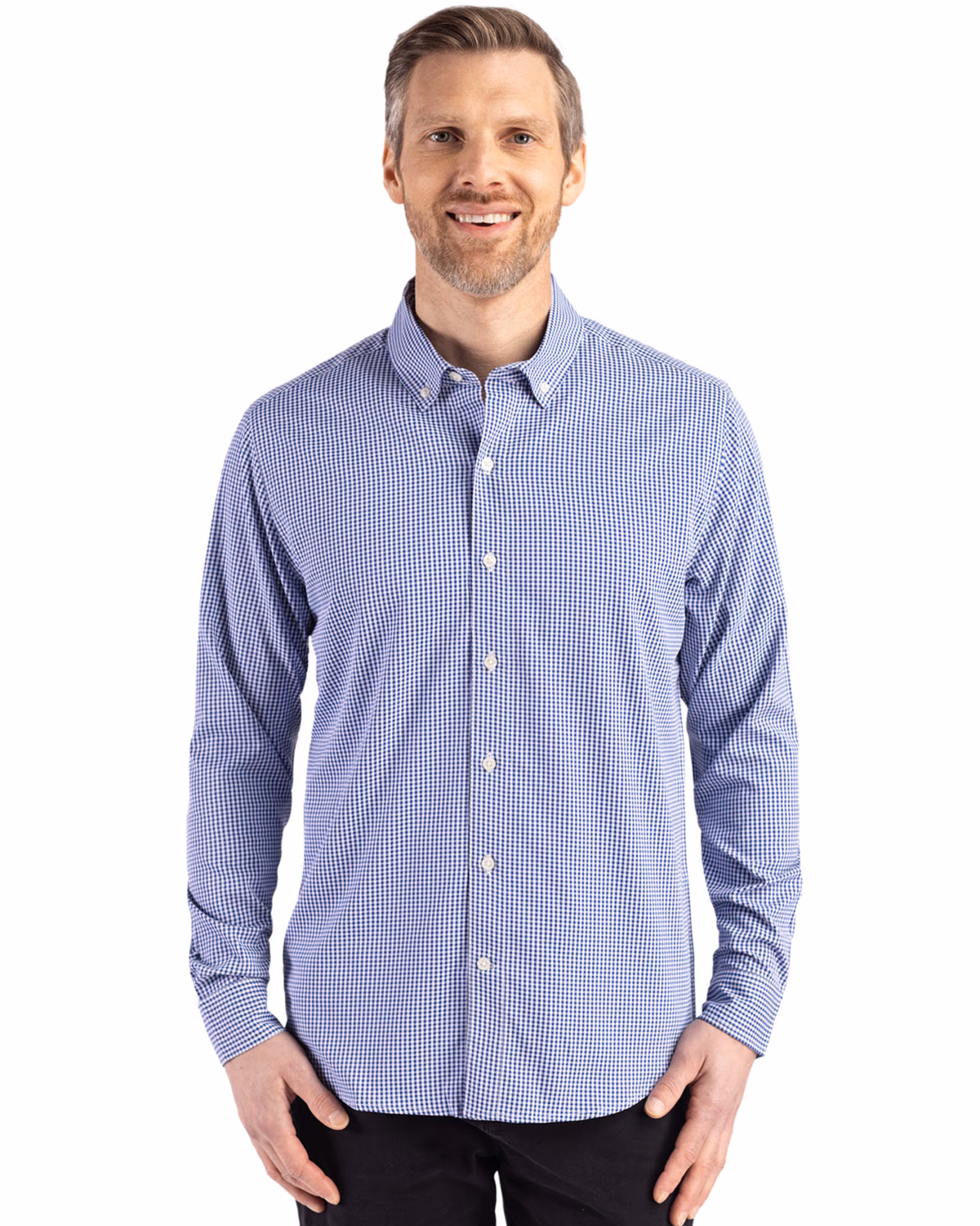 Custom Cutter & Buck Skyline Recycled Gingham Mens Long Sleeve Button Down Dress Shirt — Tour Blue/White front