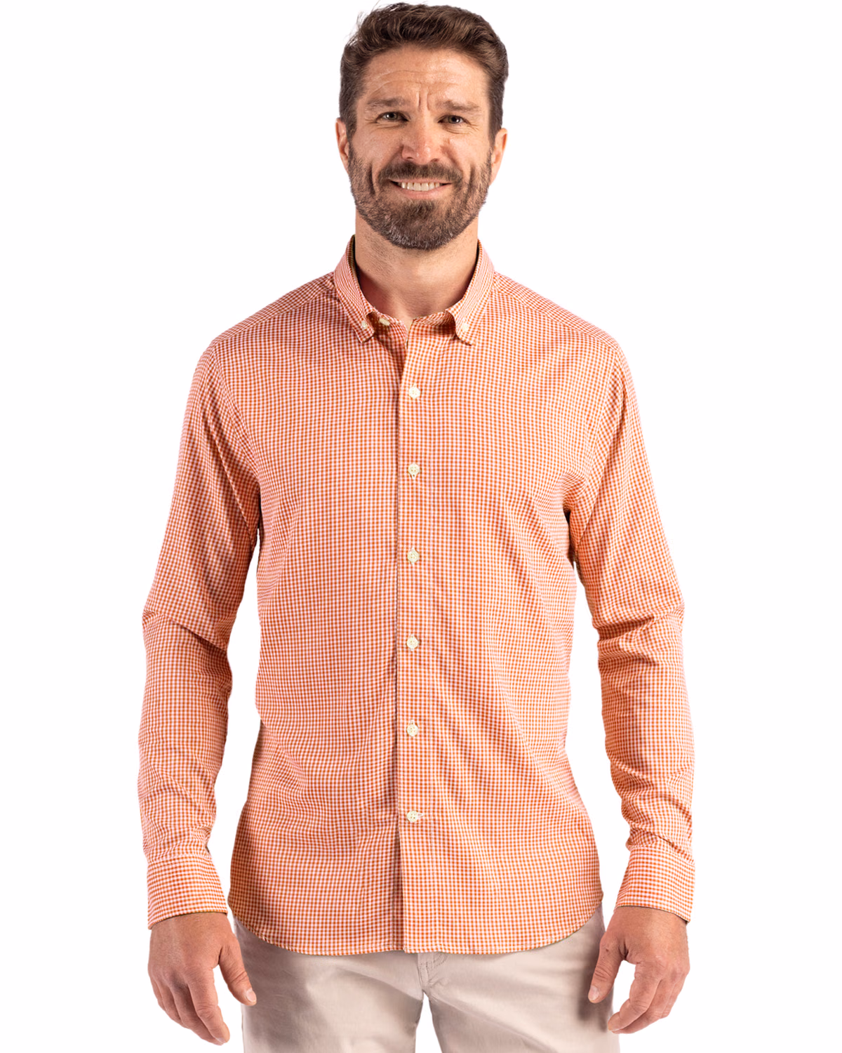 Custom Cutter & Buck Skyline Recycled Gingham Mens Long Sleeve Button Down Dress Shirt — Texas Orange/White front