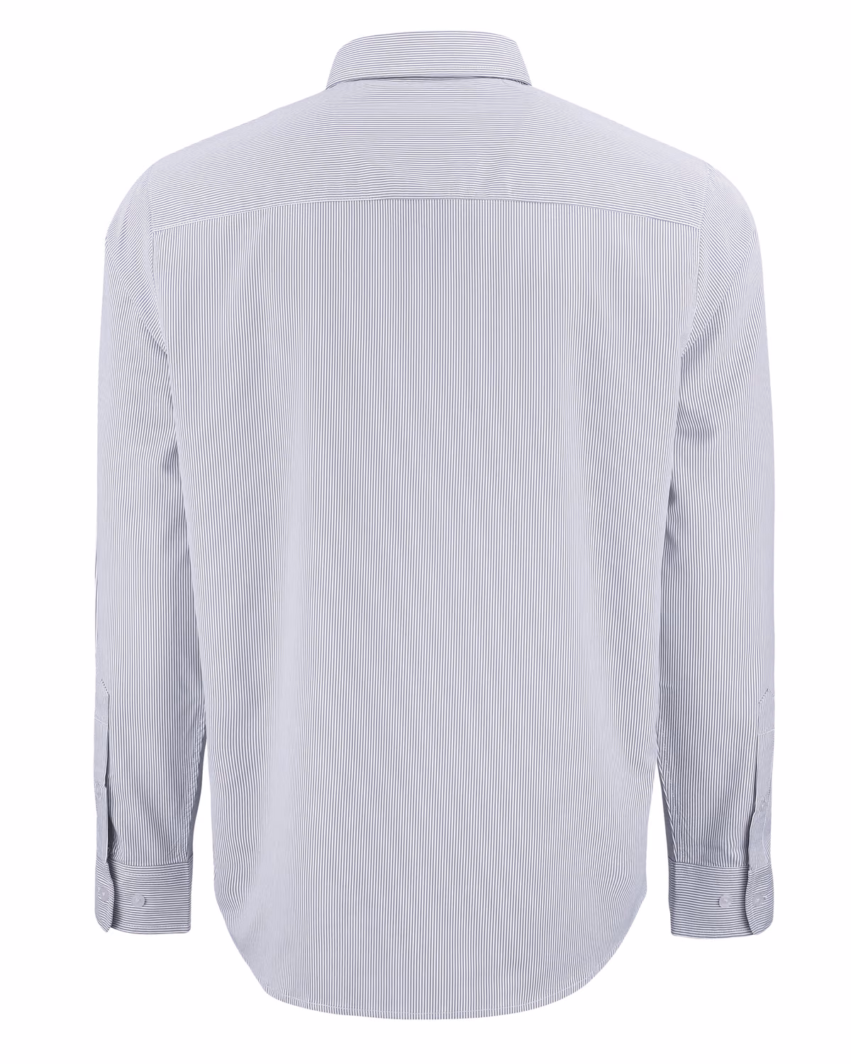 Custom Cutter & Buck Skyline Recycled Pinstripe Mens Long Sleeve Button Down Dress Shirt — Elemental Grey/White flat front