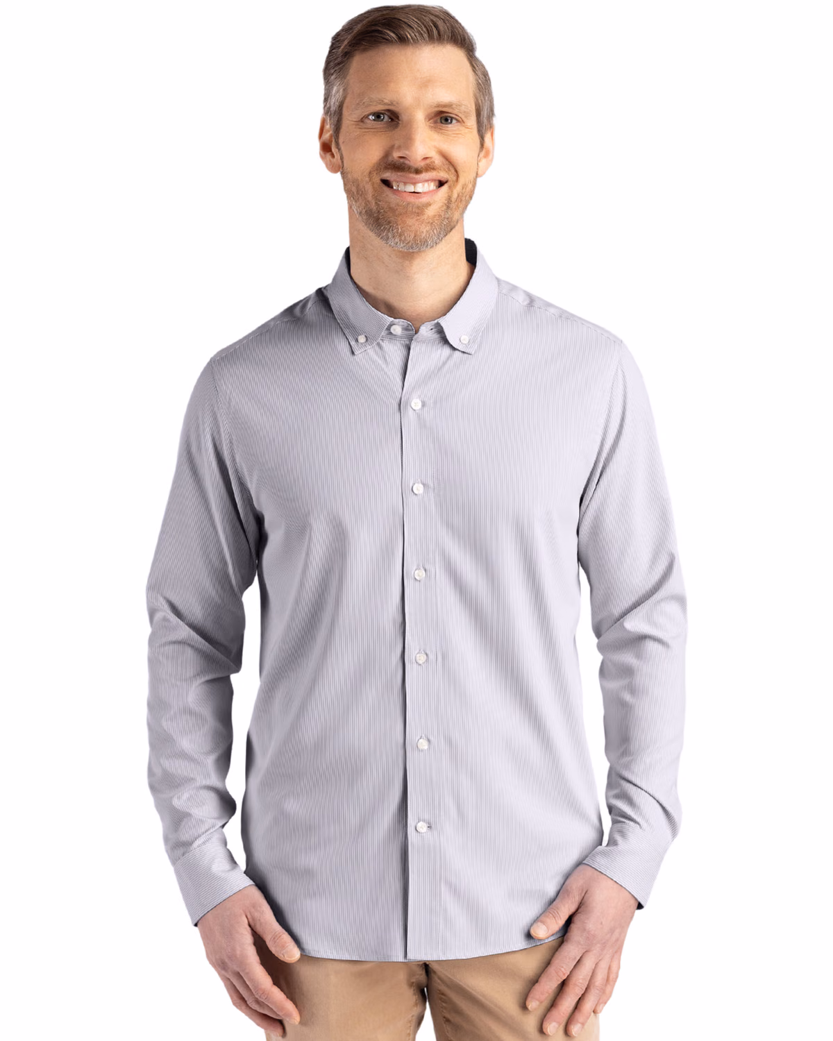 Custom Cutter & Buck Skyline Recycled Pinstripe Mens Long Sleeve Button Down Dress Shirt