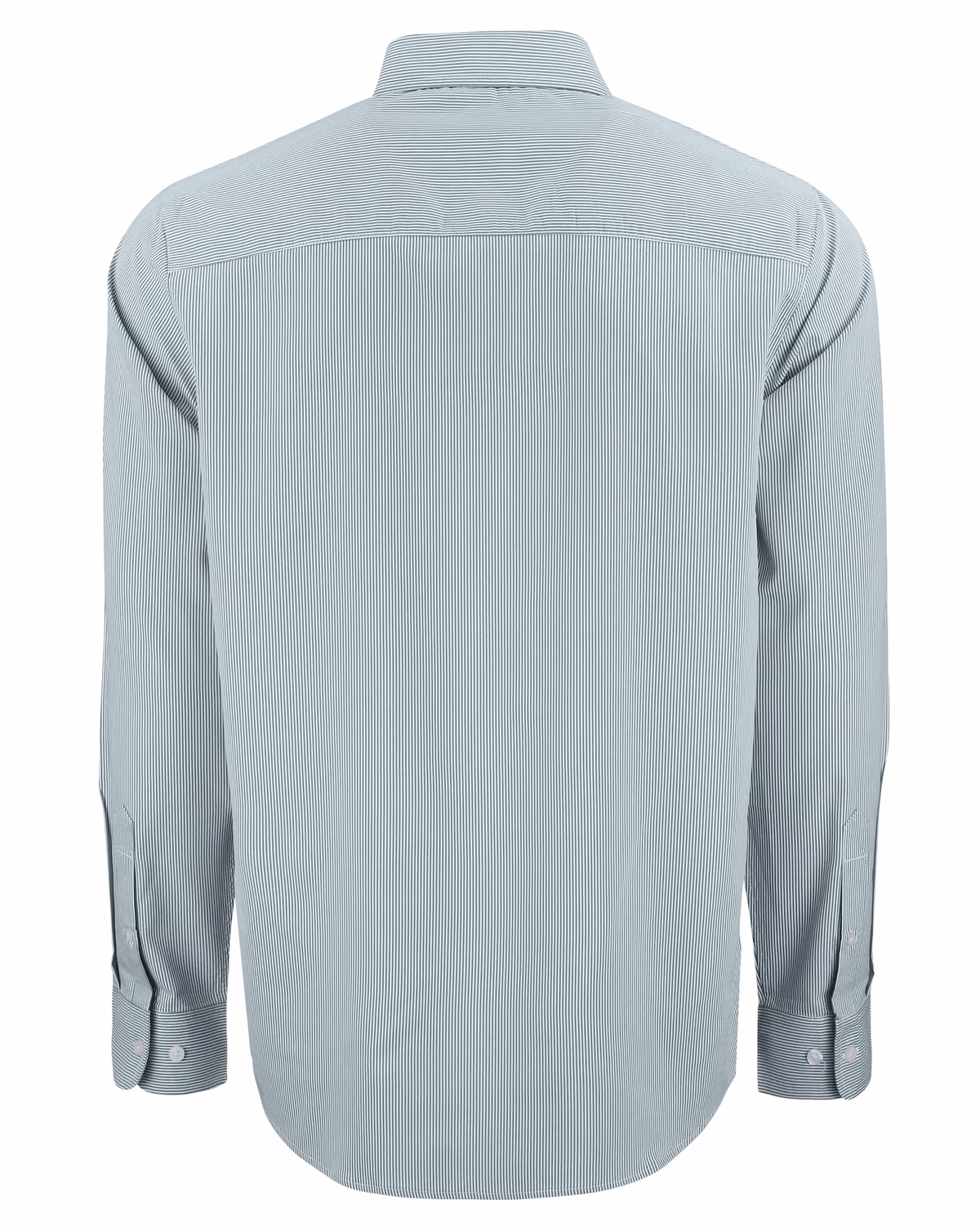 Custom Cutter & Buck Skyline Recycled Pinstripe Mens Long Sleeve Button Down Dress Shirt — Hunter/White flat front