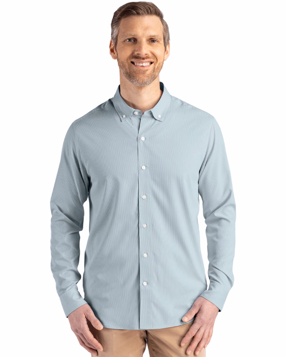 Custom Cutter & Buck Skyline Recycled Pinstripe Mens Long Sleeve Button Down Dress Shirt — Hunter/White front