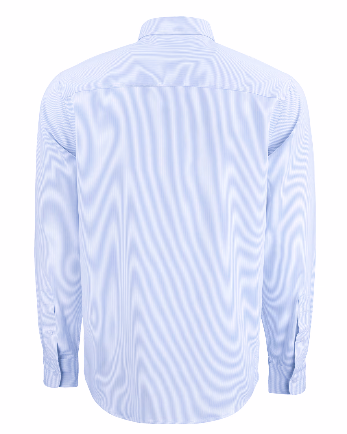 Custom Cutter & Buck Skyline Recycled Pinstripe Mens Long Sleeve Button Down Dress Shirt — Pale Blue/White flat front