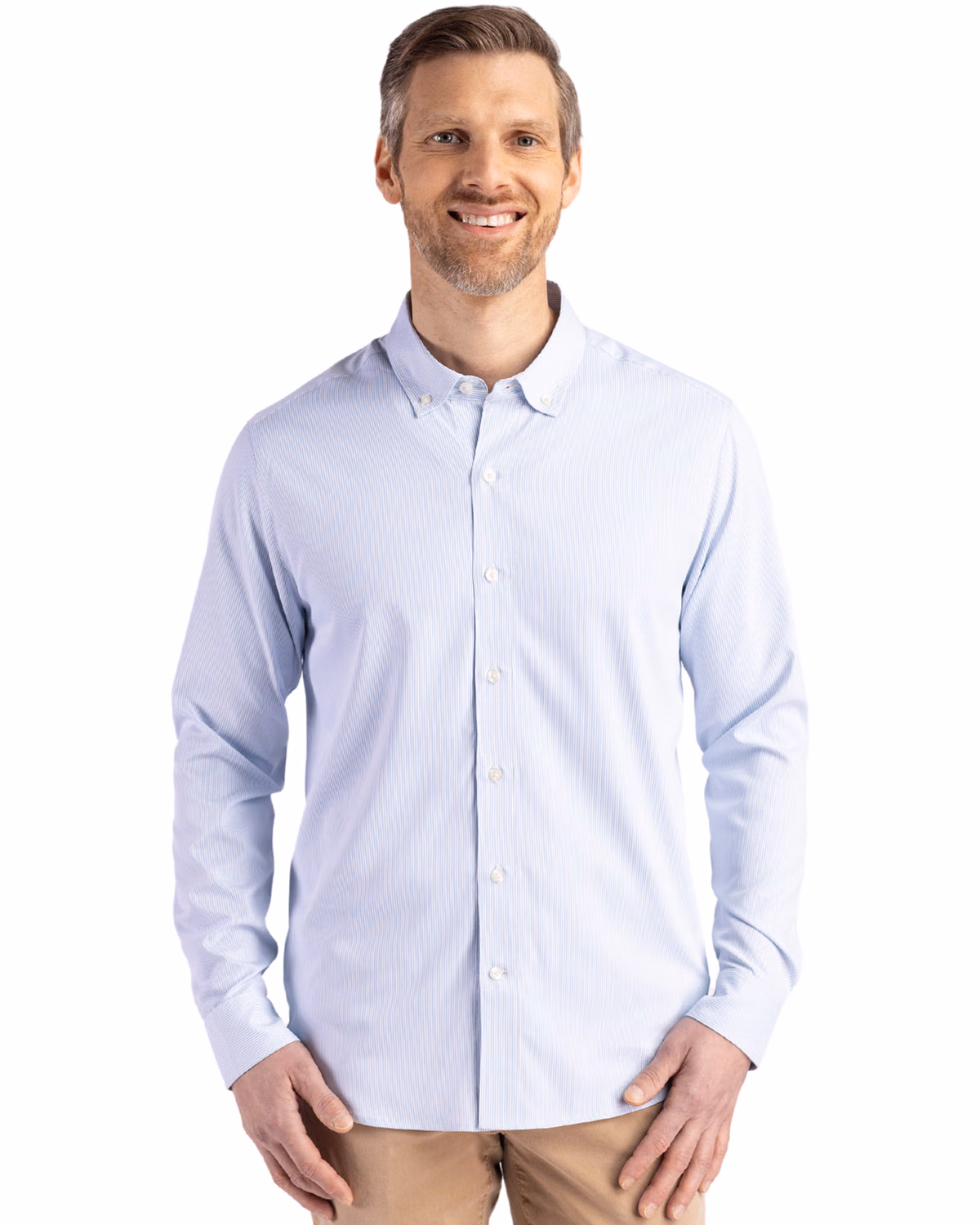 Custom Cutter & Buck Skyline Recycled Pinstripe Mens Long Sleeve Button Down Dress Shirt — Pale Blue/White front