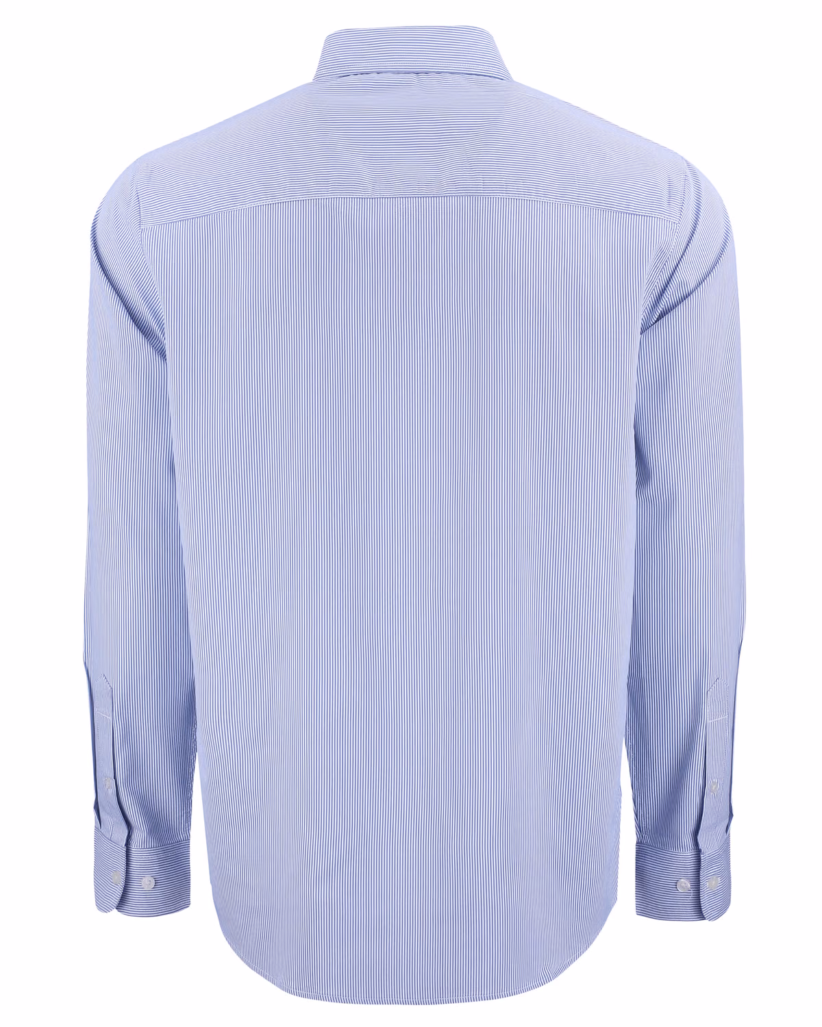 Custom Cutter & Buck Skyline Recycled Pinstripe Mens Long Sleeve Button Down Dress Shirt — Tour Blue/White flat front
