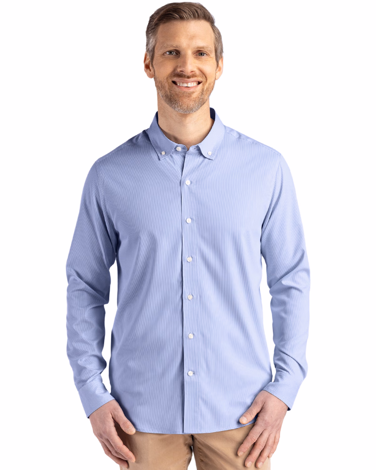 Custom Cutter & Buck Skyline Recycled Pinstripe Mens Long Sleeve Button Down Dress Shirt — Tour Blue/White front