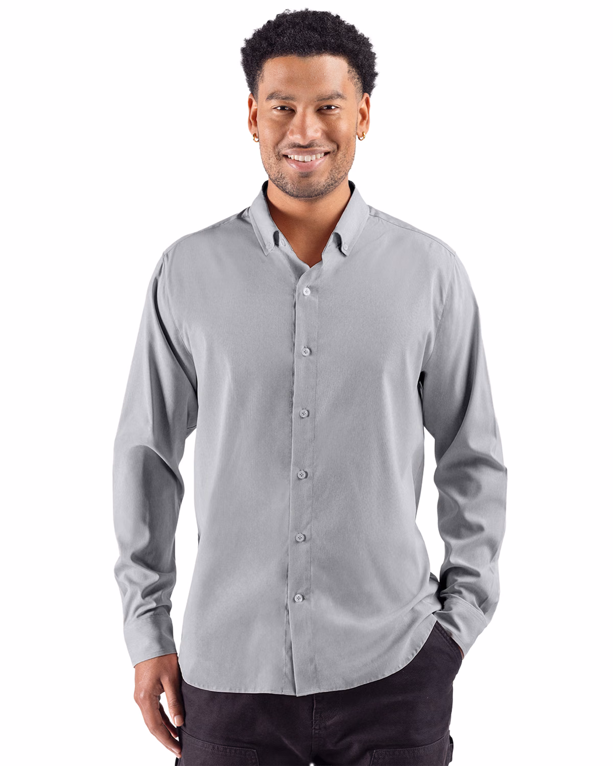 Custom Cutter & Buck Skyline End on End Recycled Long Sleeve Mens Dress Shirt — Black front