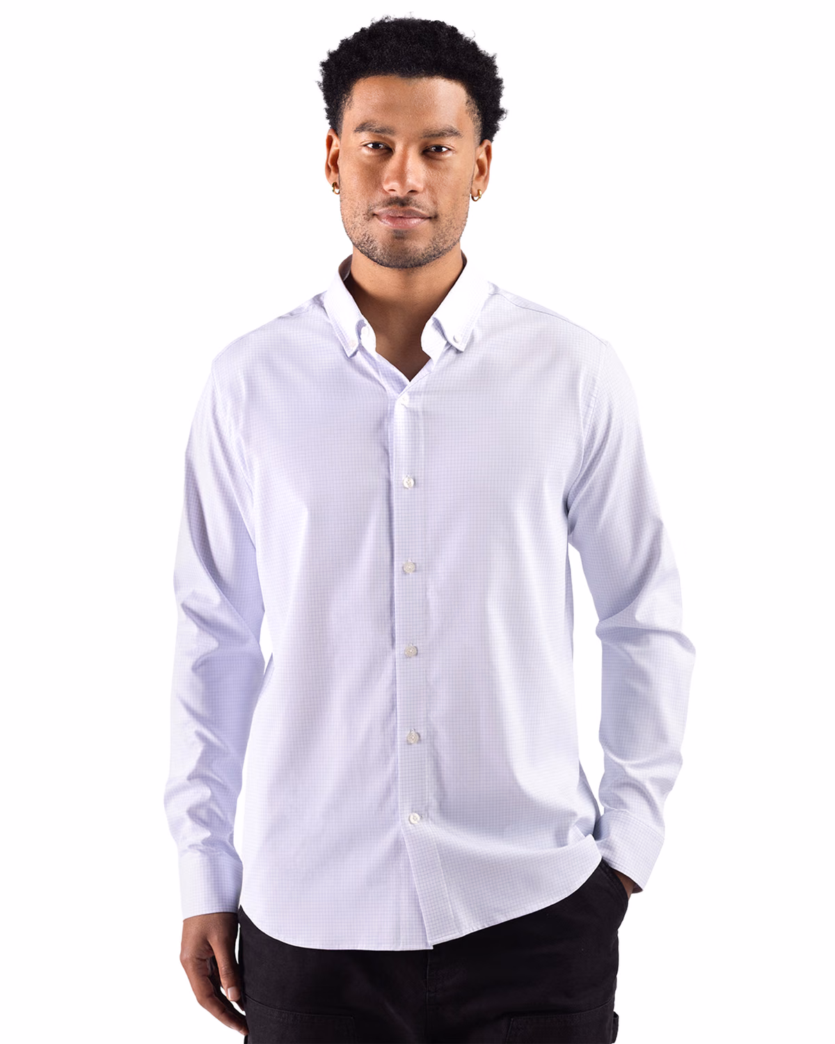 Custom Cutter & Buck Skyline Windowpane Recycled Long Sleeve Button Down Mens Dress Shirt — Navy Blue front