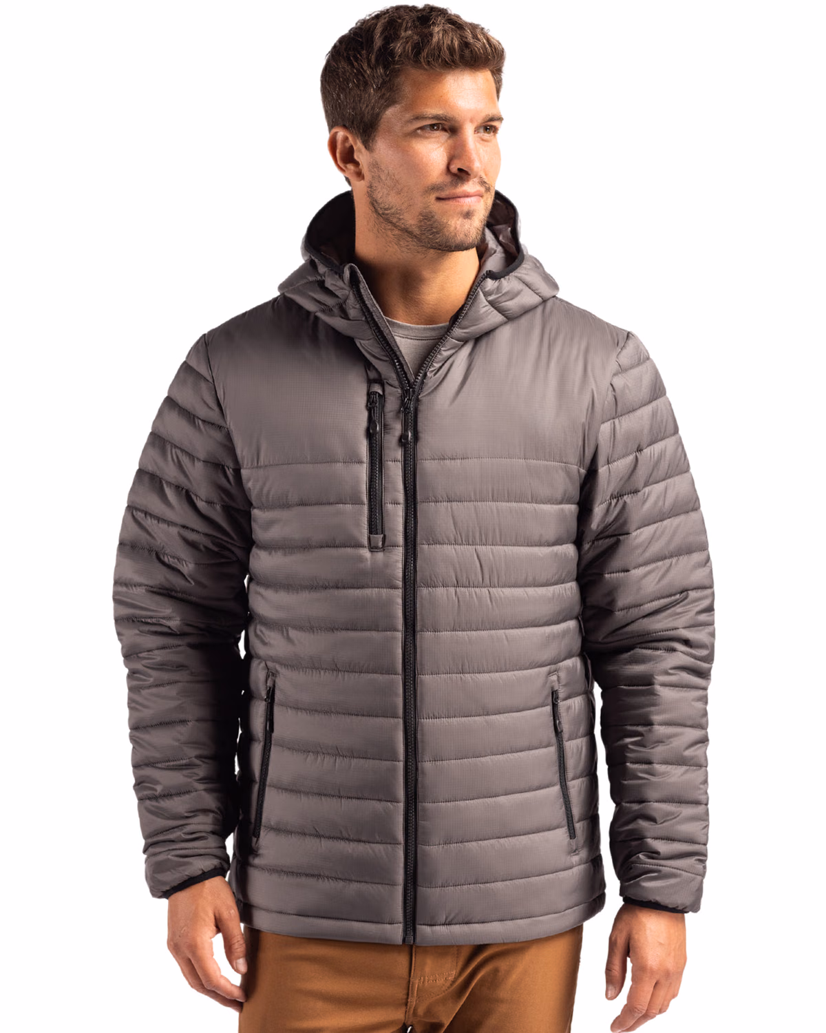Custom Clique Valhalla Recycled Insulated Puffer Mens Full Zip Hooded Jacket — Pure Slate front