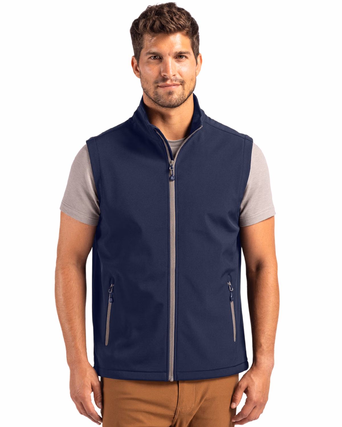 Custom Clique Tempo Recycled Stretch Softshell Mens Full Zip Vest — Dark Navy/Pure Slate front