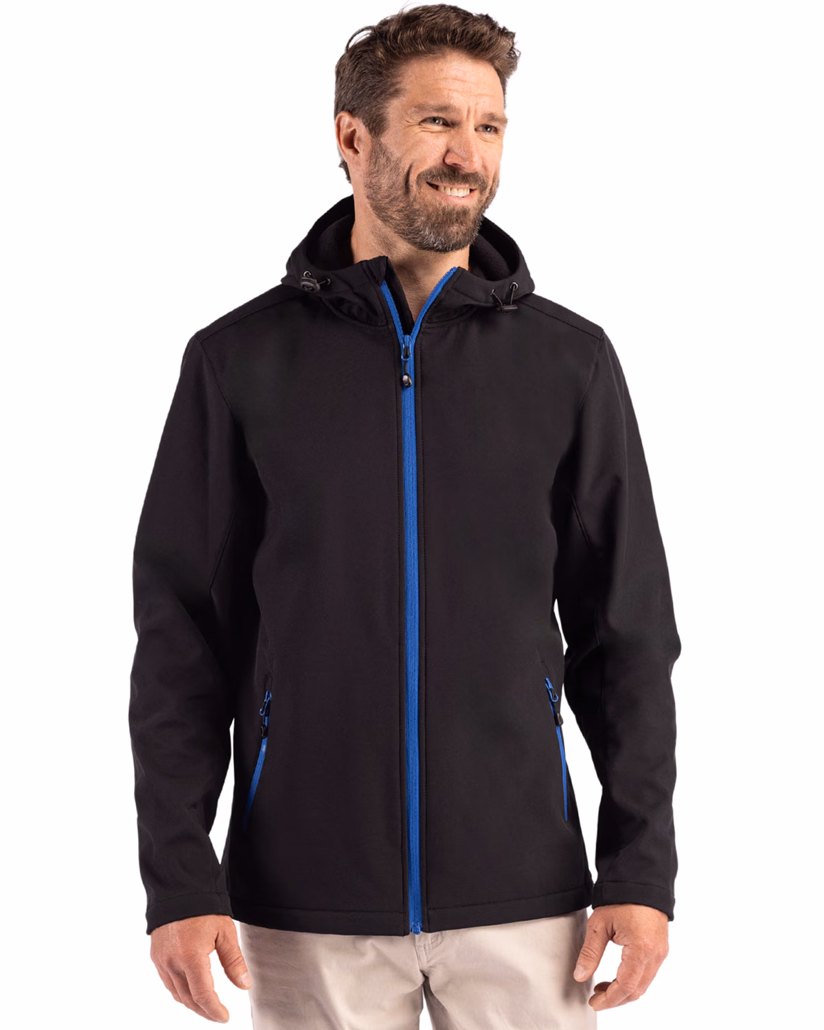Custom Clique Tempo Recycled Stretch Softshell Mens Full Zip Hooded Jacket — Black/Royal Blue front