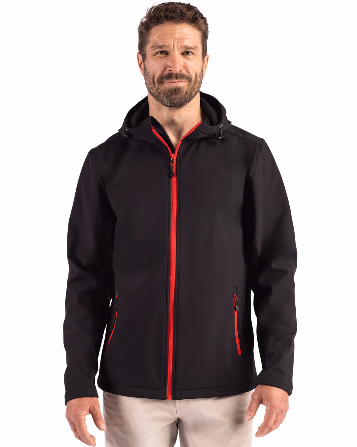 Custom Clique Tempo Recycled Stretch Softshell Mens Full Zip Hooded Jacket — Black/Red front