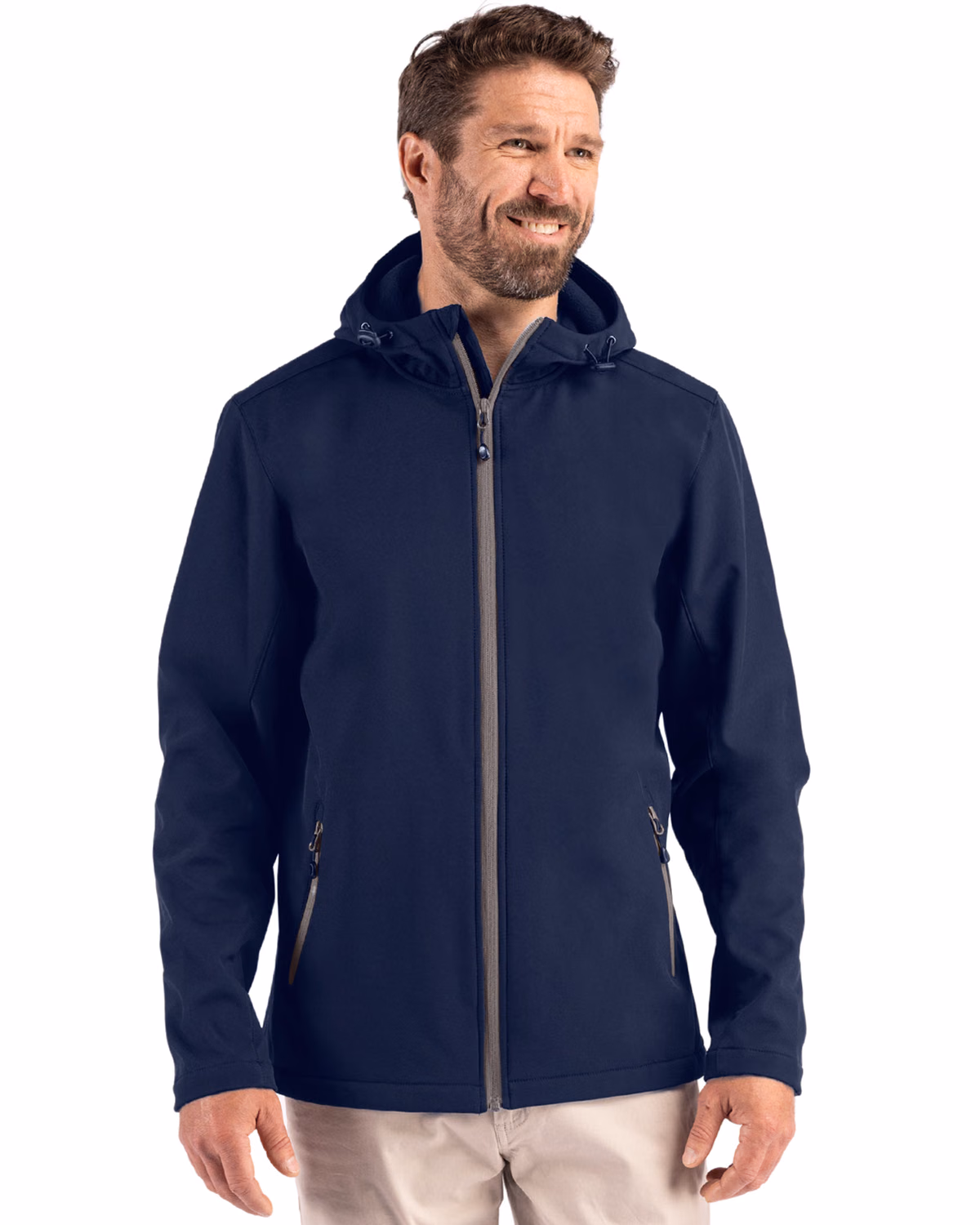 Custom Clique Tempo Recycled Stretch Softshell Mens Full Zip Hooded Jacket — Dark Navy/Pure Slate front