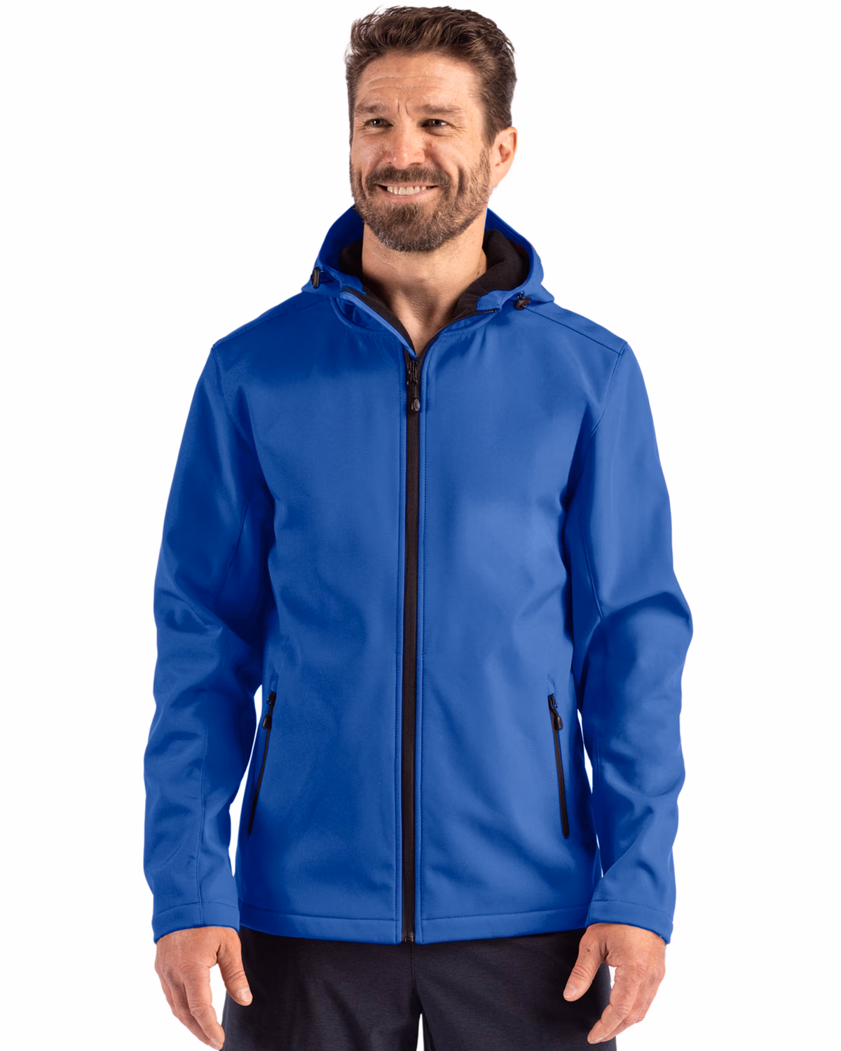Custom Clique Tempo Recycled Stretch Softshell Mens Full Zip Hooded Jacket — Royal Blue/Black front