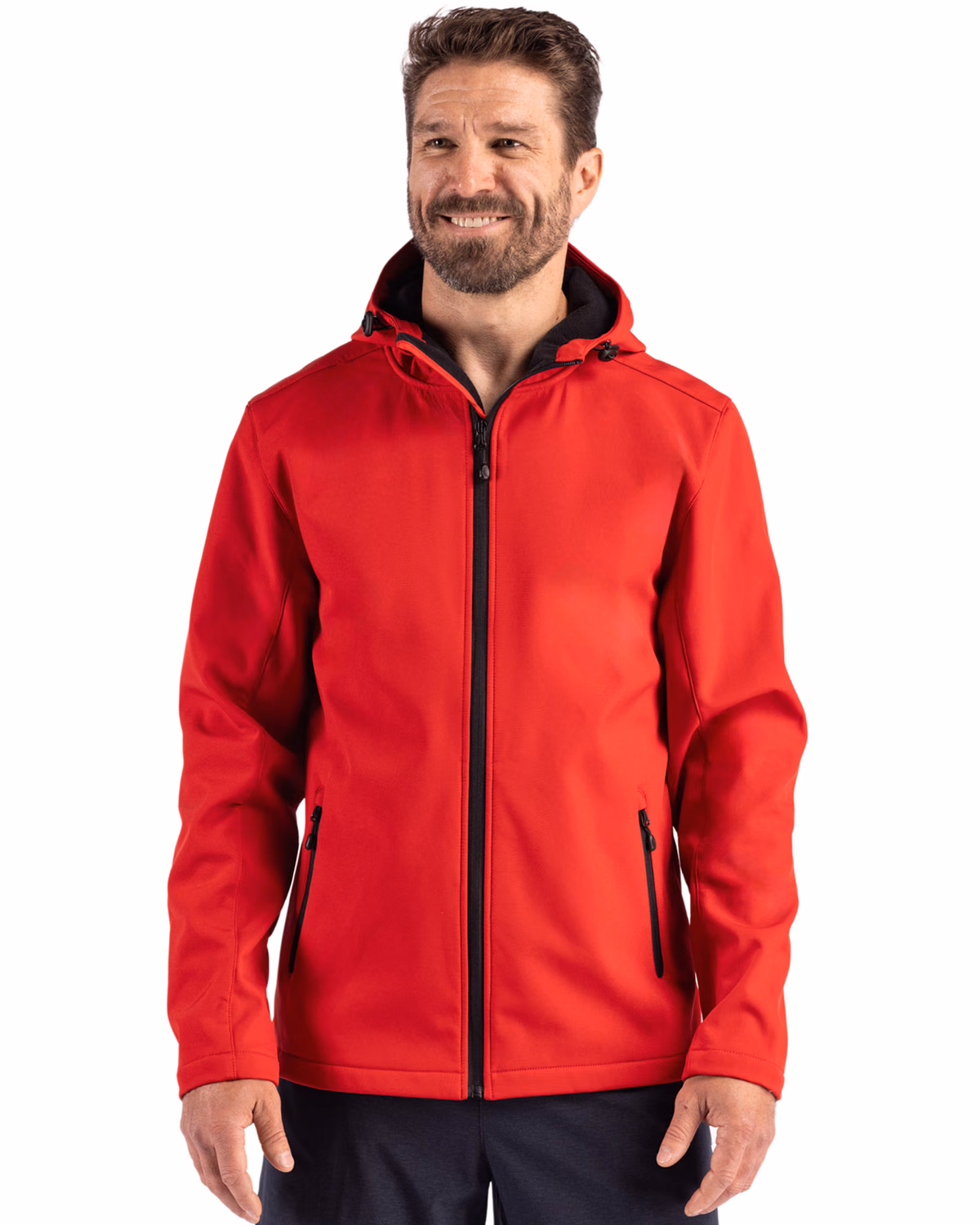 Custom Clique Tempo Recycled Stretch Softshell Mens Full Zip Hooded Jacket — Red/Black front