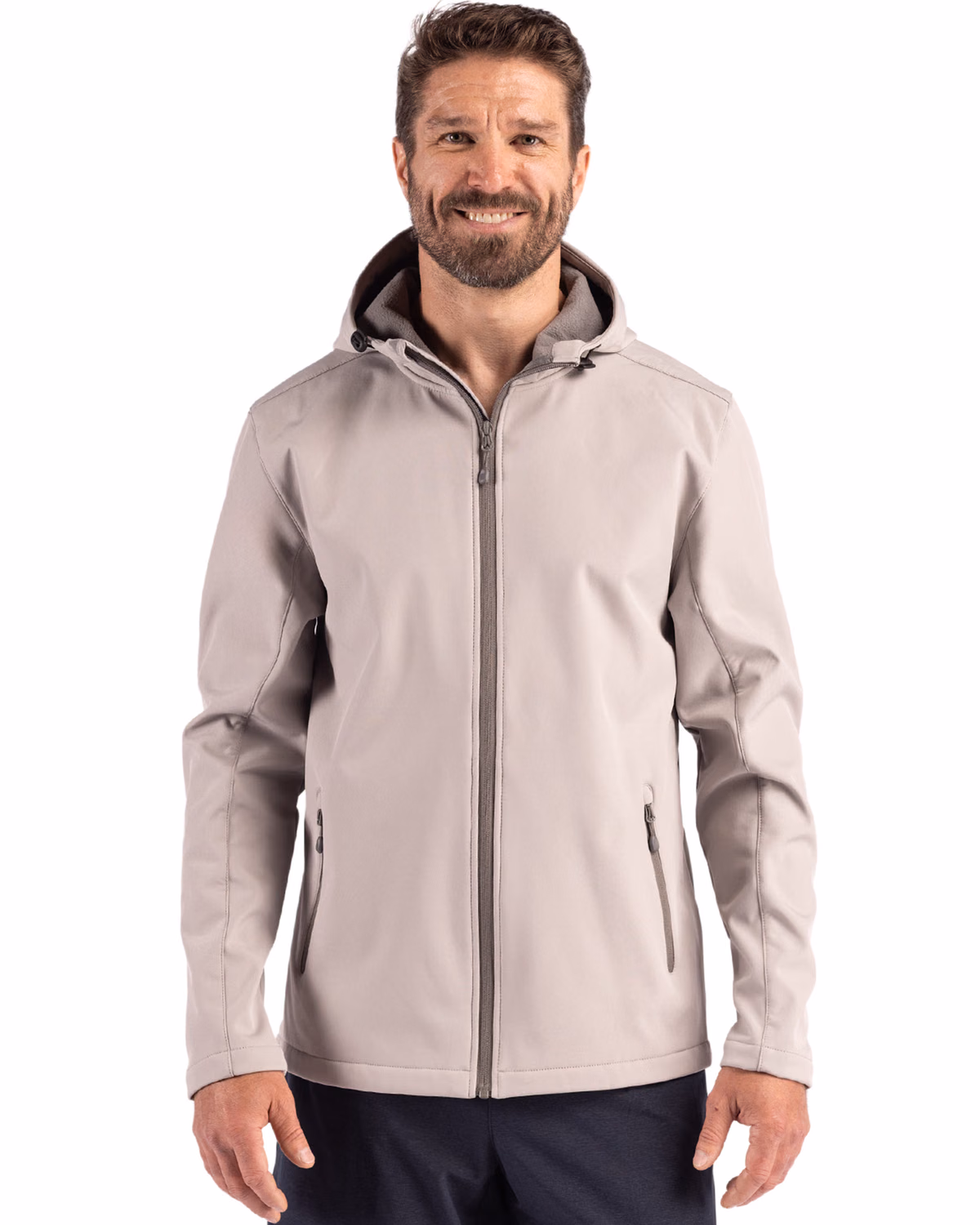 Custom Clique Tempo Recycled Stretch Softshell Mens Full Zip Hooded Jacket — Silver Grey/Pure Slate front