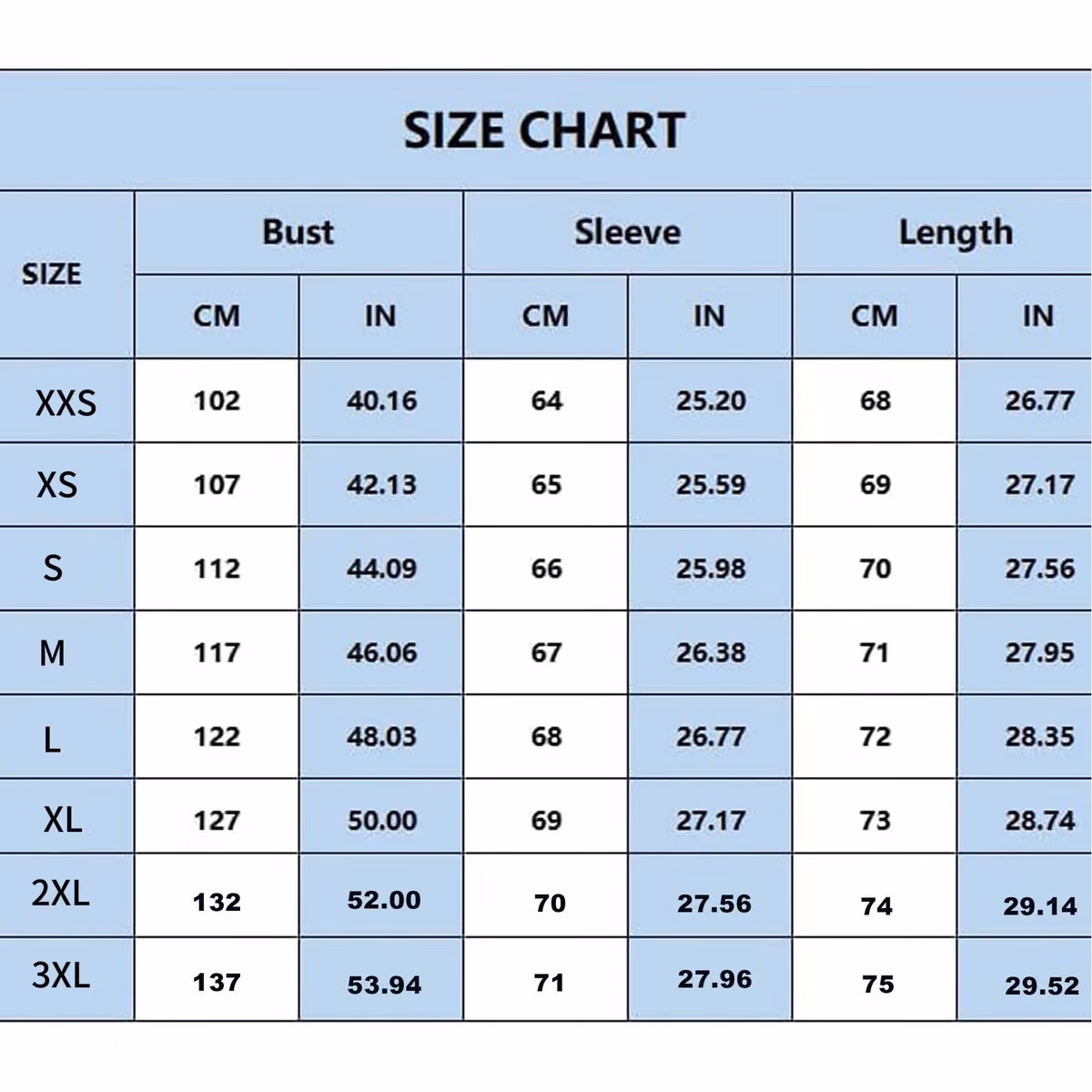 Custom USB Heated Hoodie Sweatshirt, size chart
