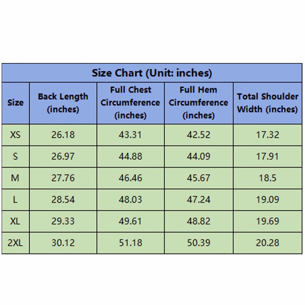 Custom Electric Heated Vest - Single Control 9 Heating Zones, size chart