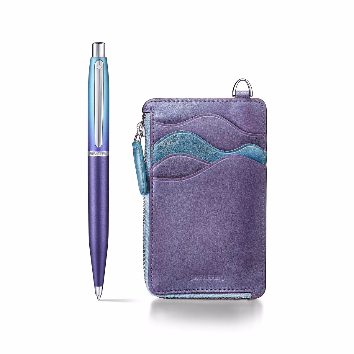 Custom Sheaffer Gift Set . Expressions VFM Blue Purple Pearlised Gradient Genuine Leather Card Ballpoint