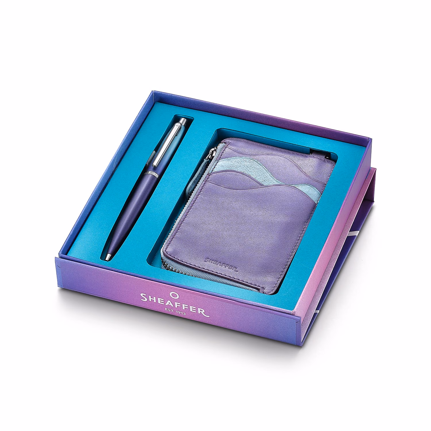 Custom Sheaffer Gift Set . Expressions VFM Blue Purple Pearlised Gradient Genuine Leather Card Ballpoint