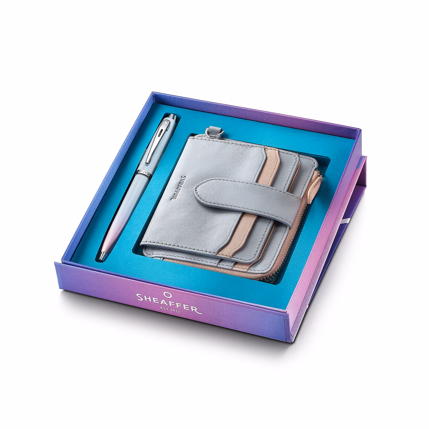 Custom Sheaffer Gift Set . Expressions Blue Pink Pearlised Gradient Chrome-plated Trims Ballpoint