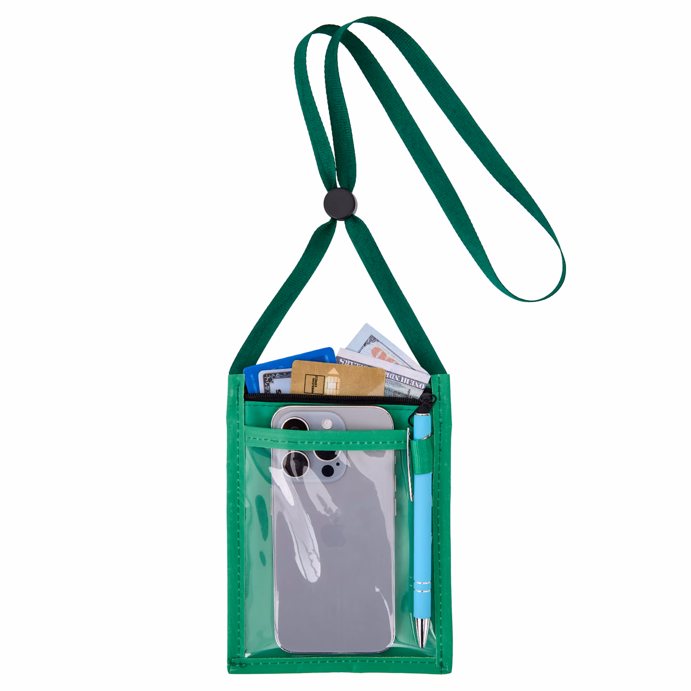 Custom Premium Double Window Pouch Wallet With Lanyard W/Back Zipper And Phone Holder