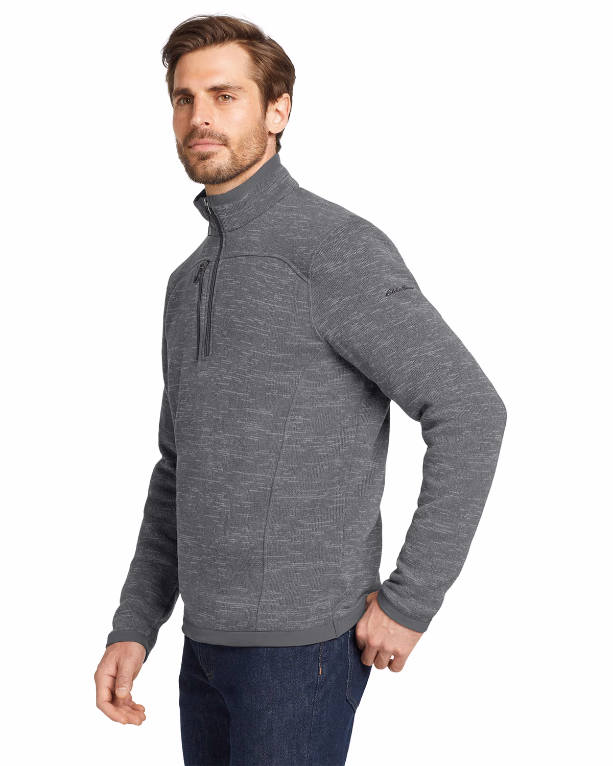 Custom Eddie Bauer Sweater Fleece 1/4-Zip, Dark Grey Heather, side view