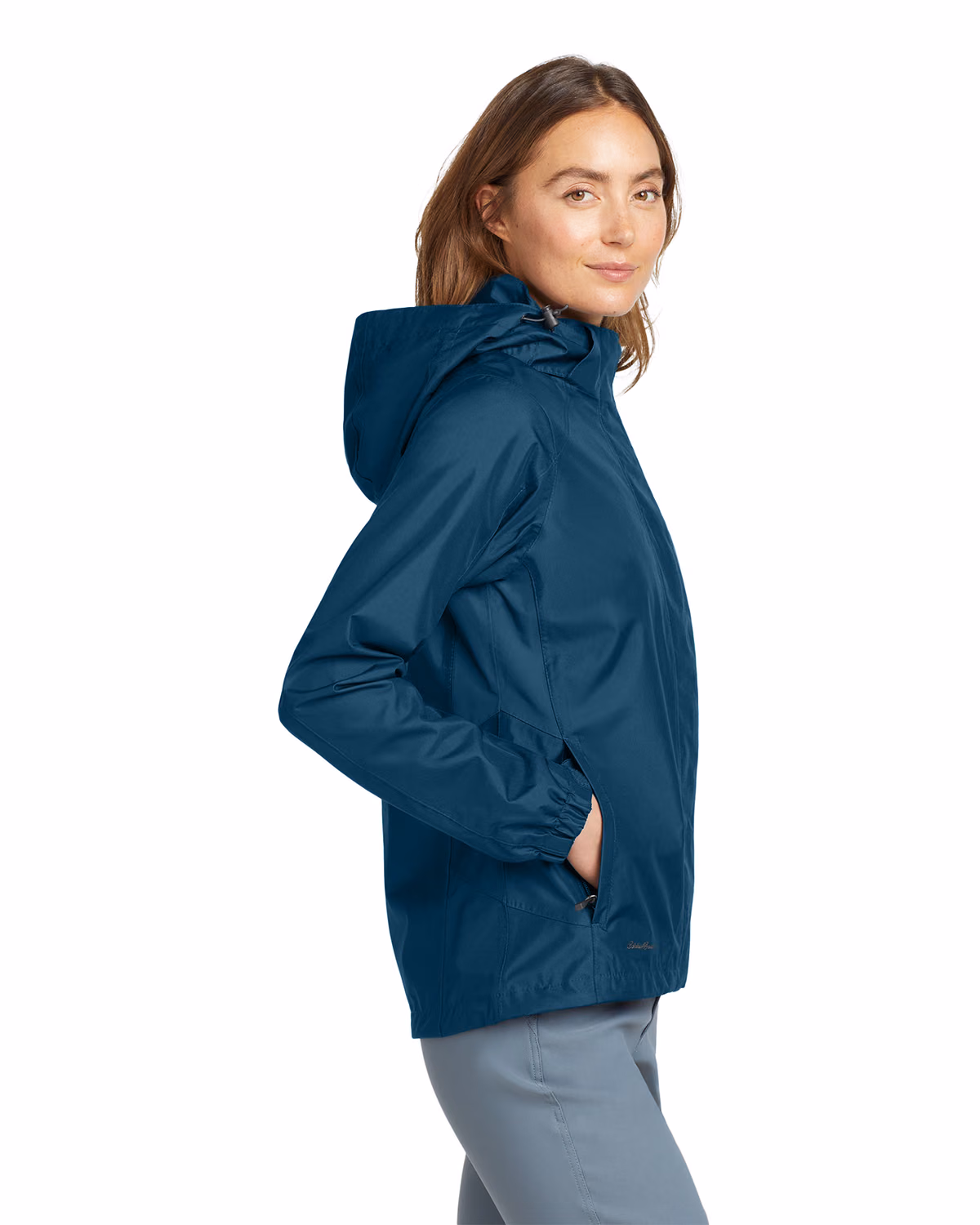 Custom Eddie Bauer Women's Rain Jacket, Deep Sea Blue/ Dark Adriatic, side view