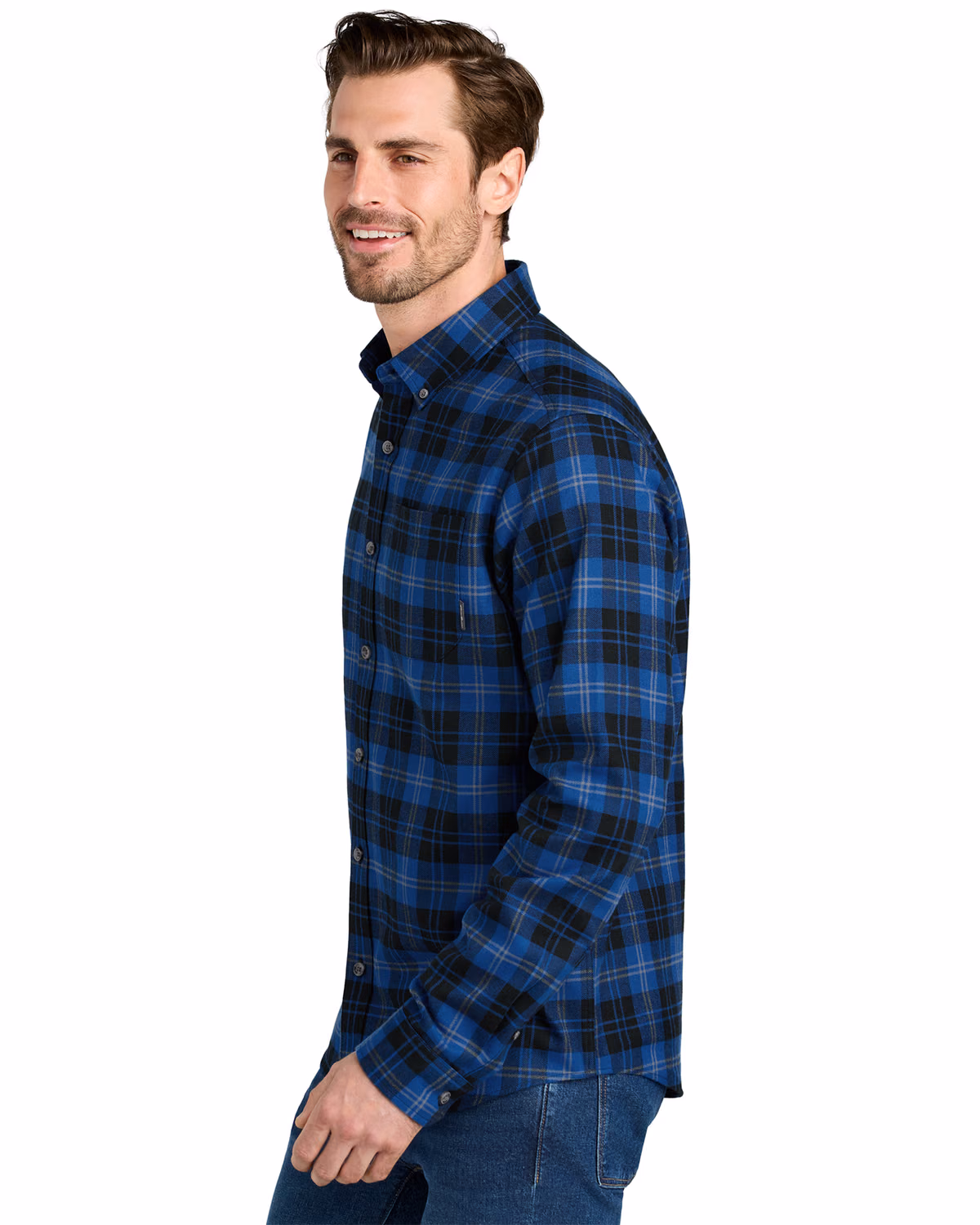 Custom Eddie Bauer Long Sleeve Favorite Flannel Plaid Shirt, Cobalt Tartan, side view