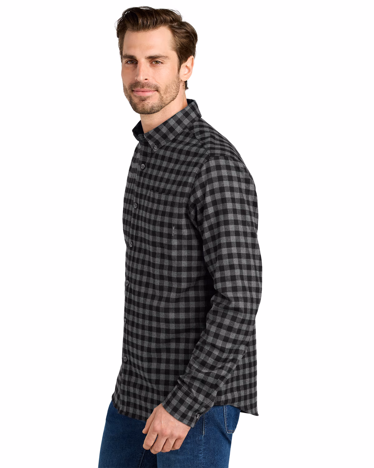 Custom Eddie Bauer Long Sleeve Favorite Flannel Plaid Shirt, Deep Black Mini Buffalo, side view
