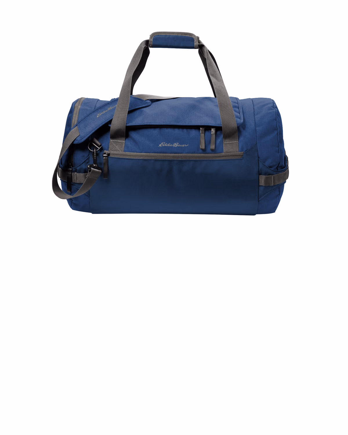 Custom Eddie Bauer Tour Duffel, Sapphire Blue/ Grey Steel, front view