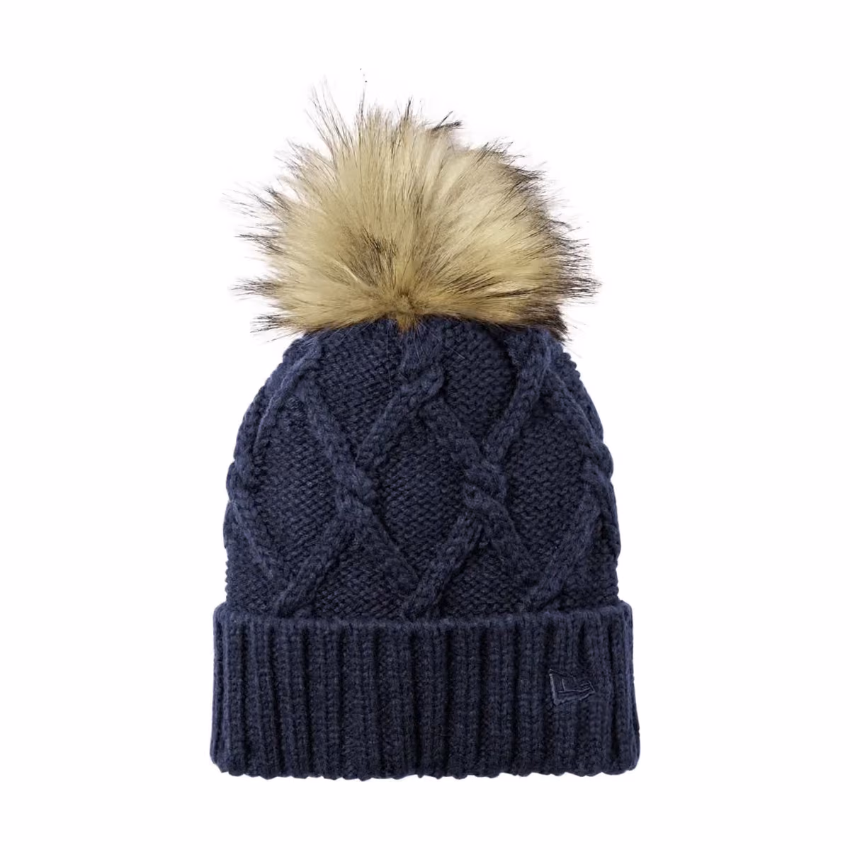 Custom New Era Faux Fur Pom Beanie - Deep Navy flat front