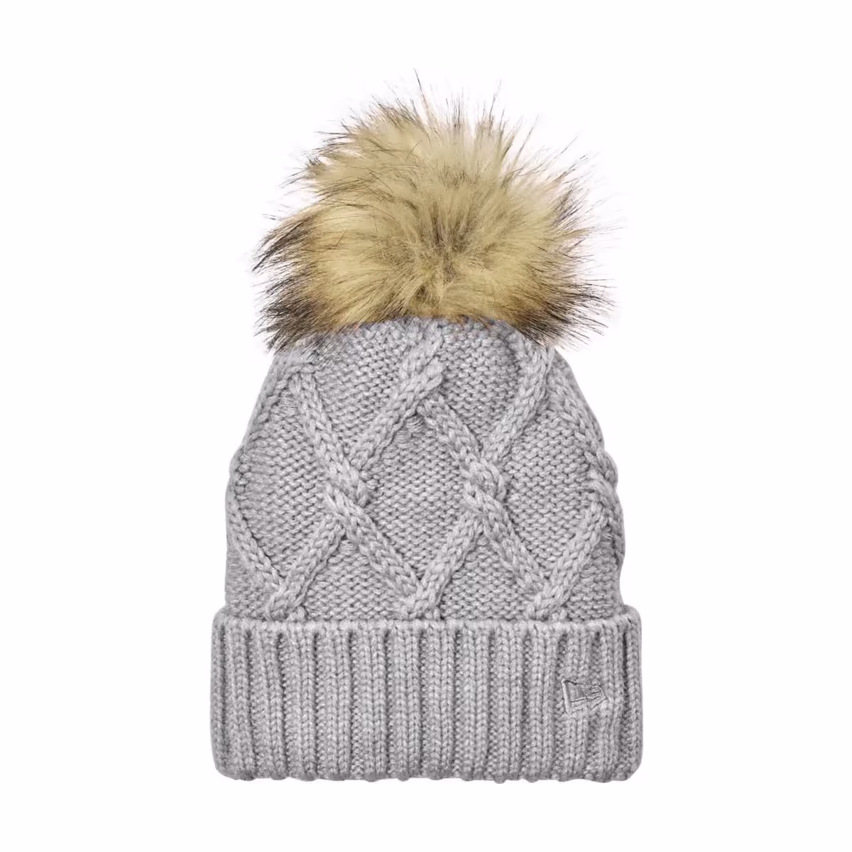 Custom New Era Faux Fur Pom Beanie - Heather Grey flat front