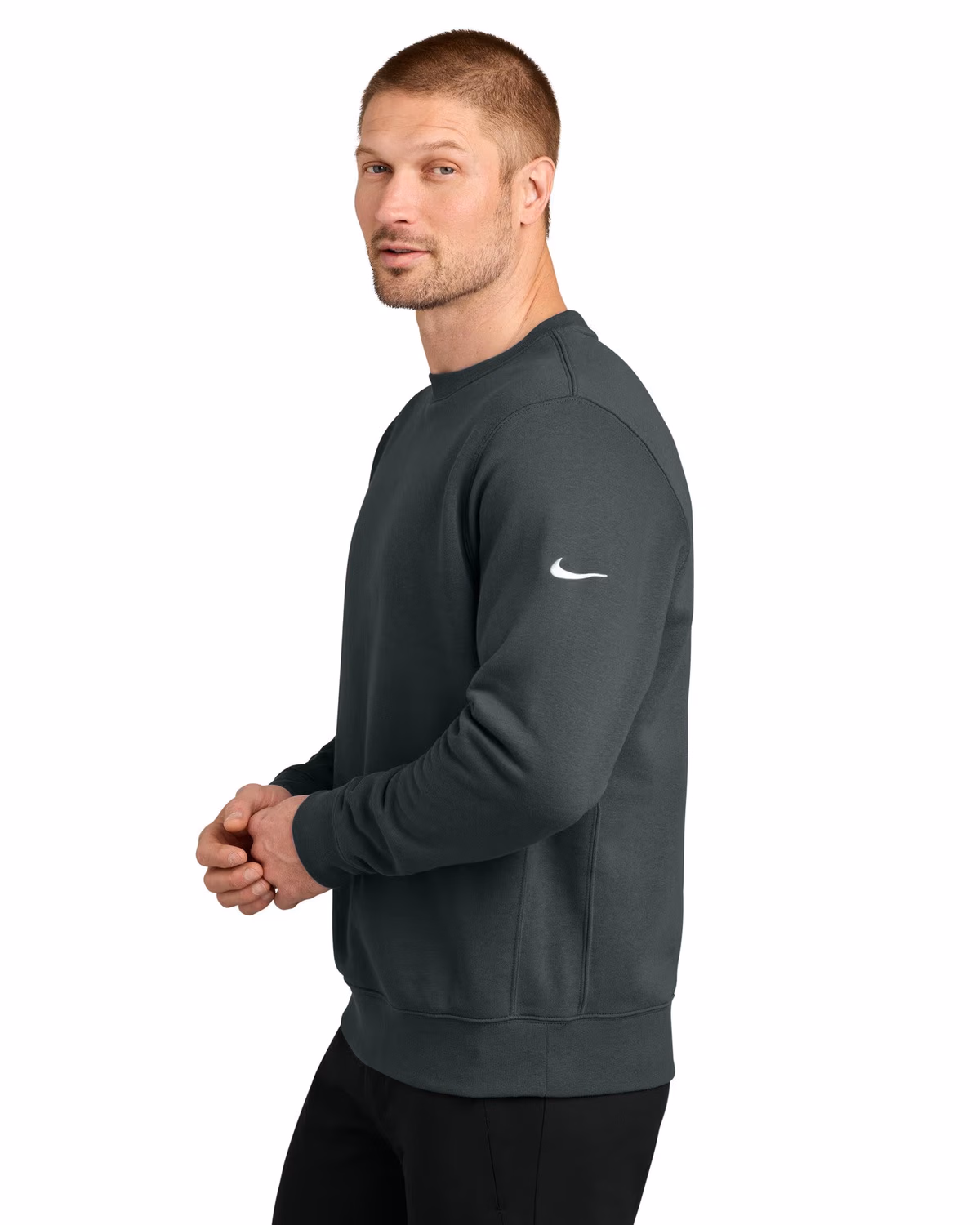 Custom Nike Club Fleece Sleeve Swoosh Crew - Anthracite side