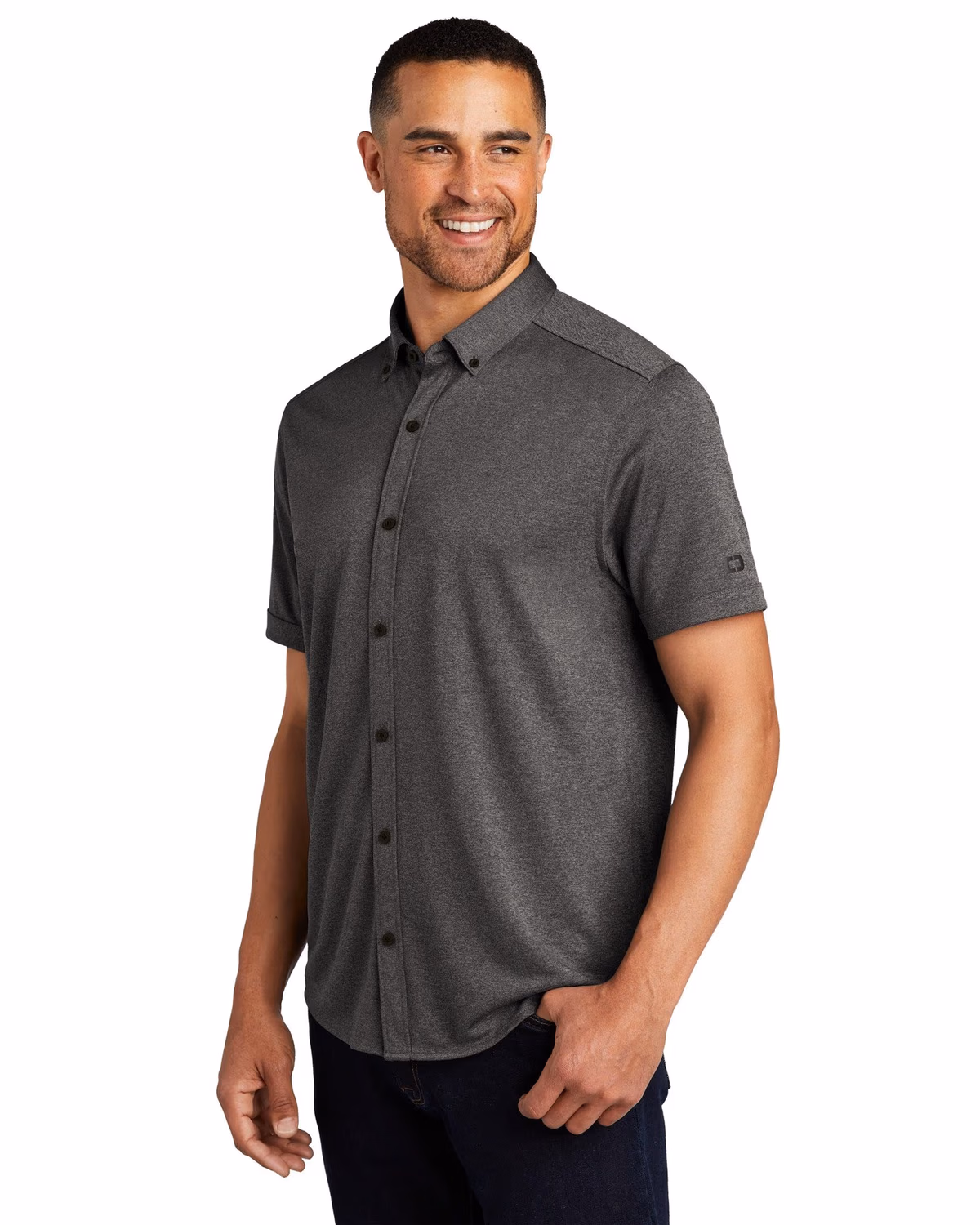 Custom OGIO Gravitate Full-Button Polo - Dark Heather Grey 3q