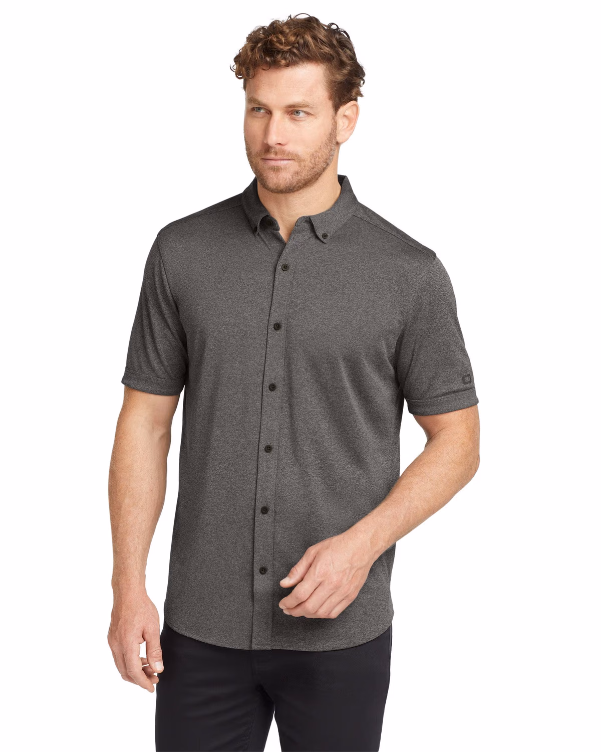 Custom OGIO Gravitate Full-Button Polo - Dark Heather Grey front
