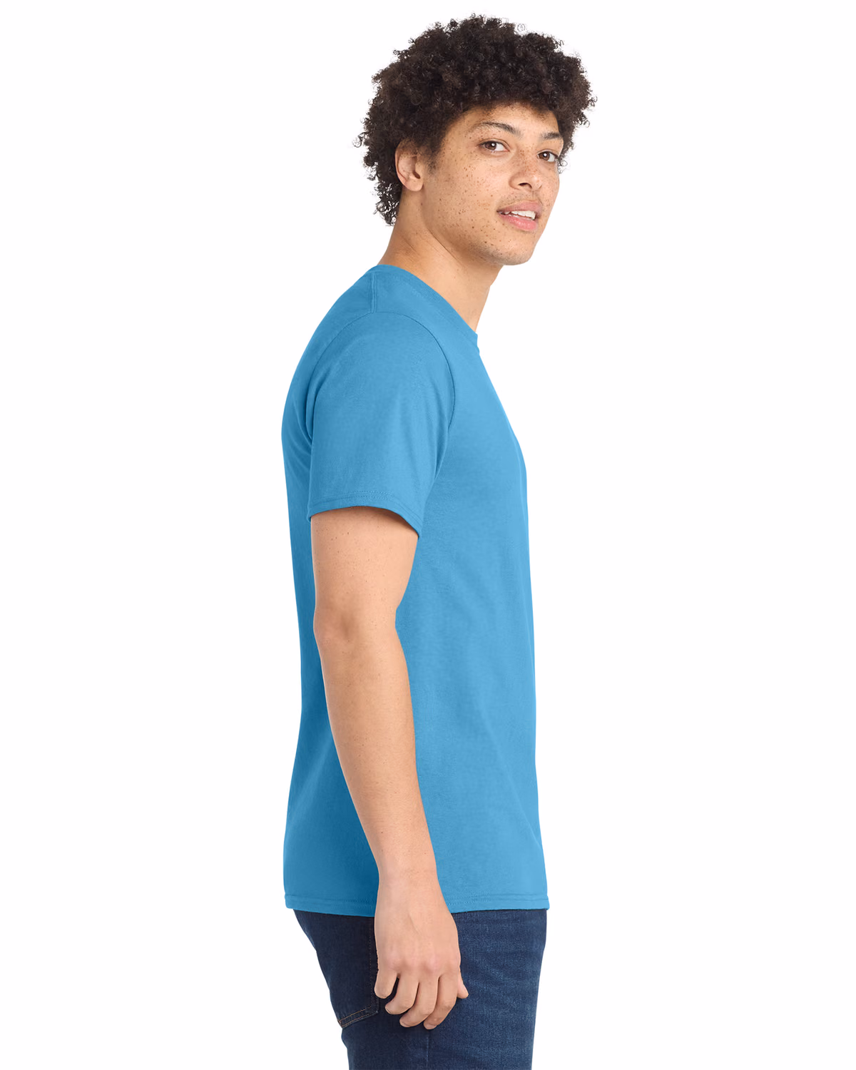 Custom Port & Co® Essential Tee, Aquatic Blue, side view