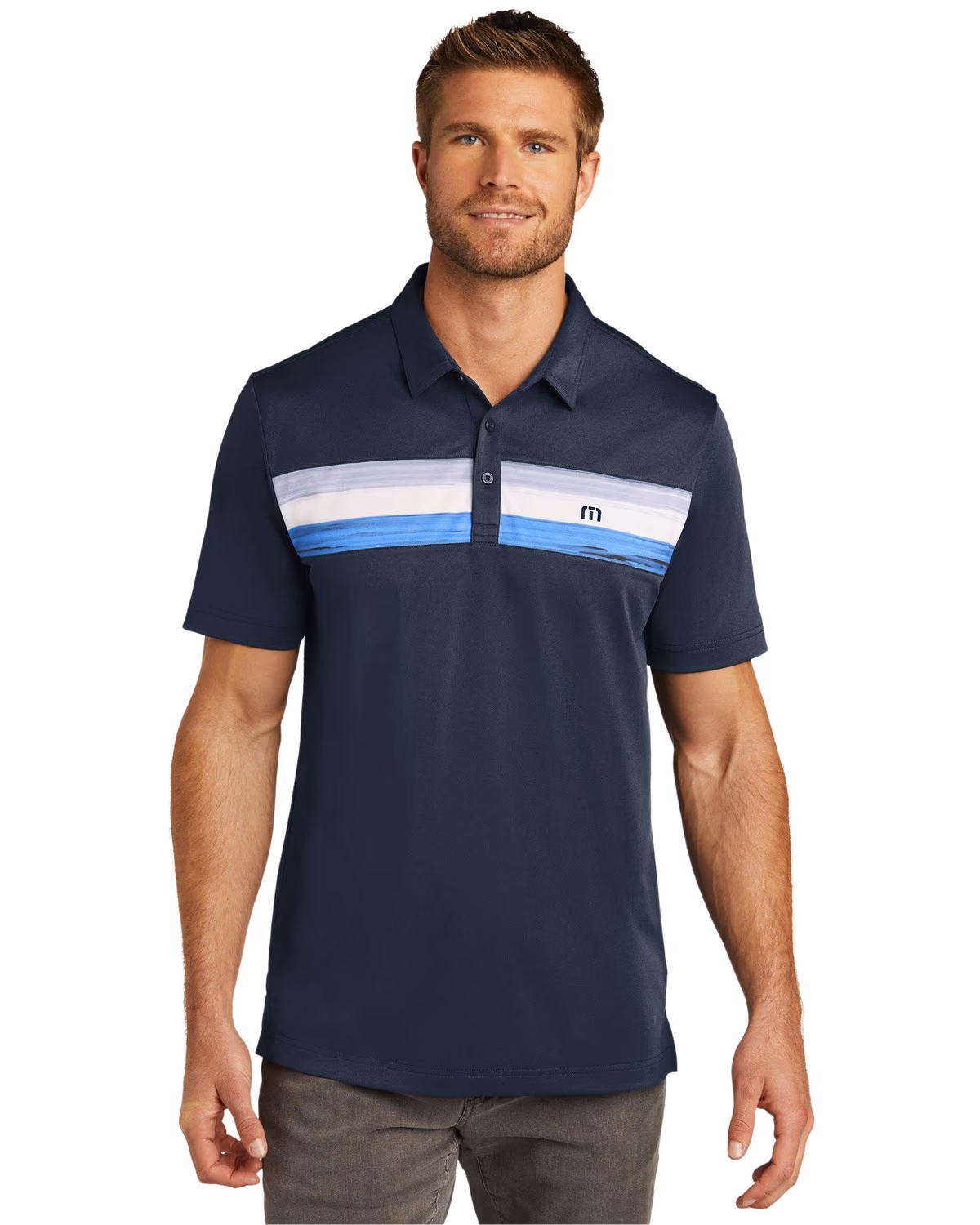 Custom TravisMathew Cabana Chest Stripe Polo - Blue Nights front