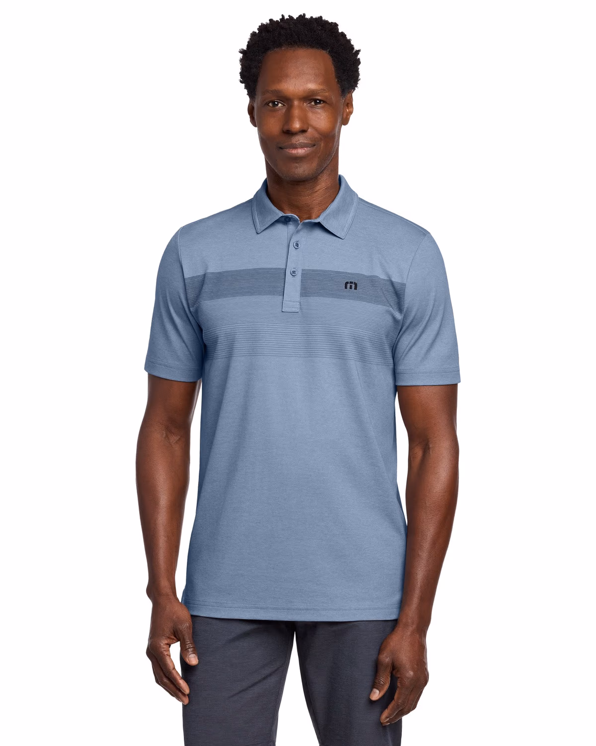 Custom TravisMathew Coastal Chest Stripe Polo - Opal Blue Heather front