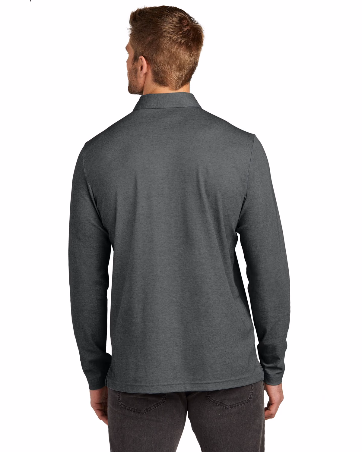 Custom TravisMathew Oceanside Heather Long Sleeve Polo - Black Heather back