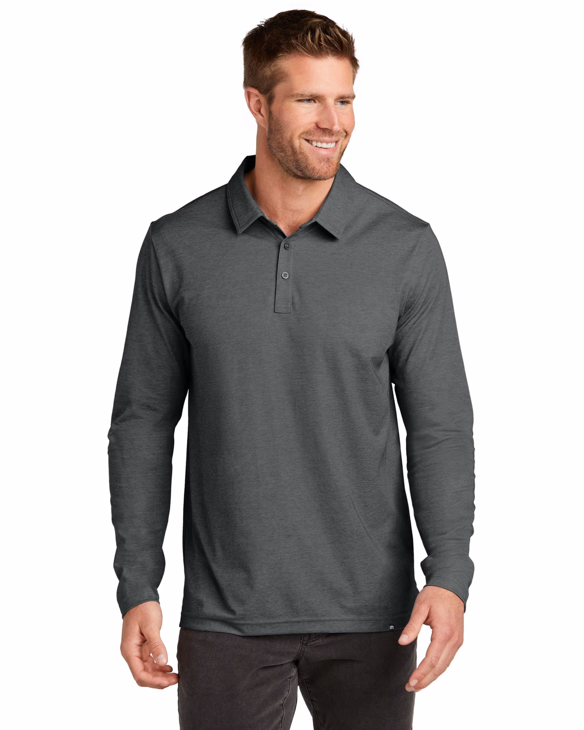 Custom TravisMathew Oceanside Heather Long Sleeve Polo - Black Heather front