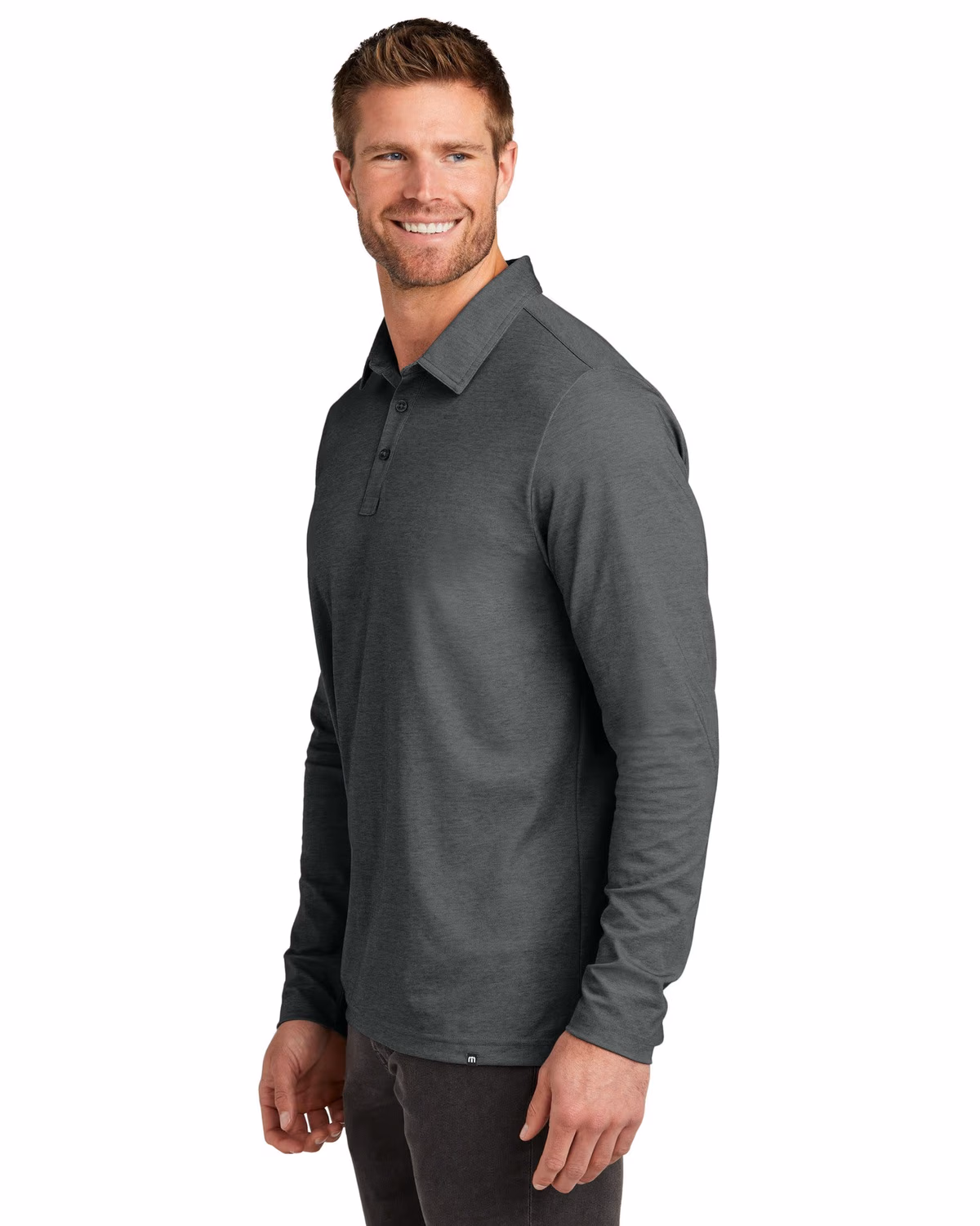 Custom TravisMathew Oceanside Heather Long Sleeve Polo - Black Heather side