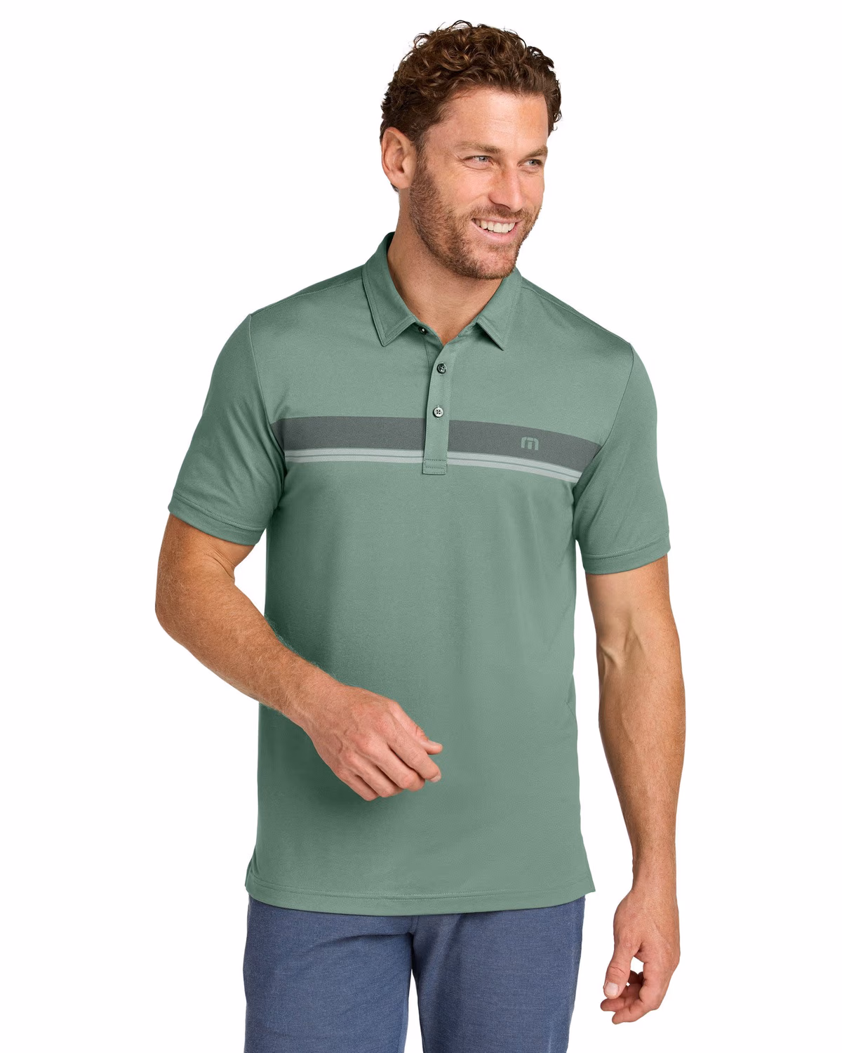 Custom TravisMathew Glenview Stripe Polo - Laurel Green front