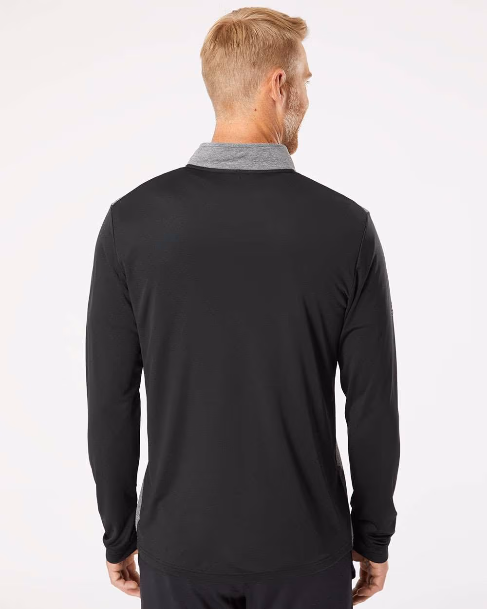 Custom Adidas Men's Ultimate365 Heather Block Print Quarter-Zip Pullover - Black Melange/ Black/ Grey Three back