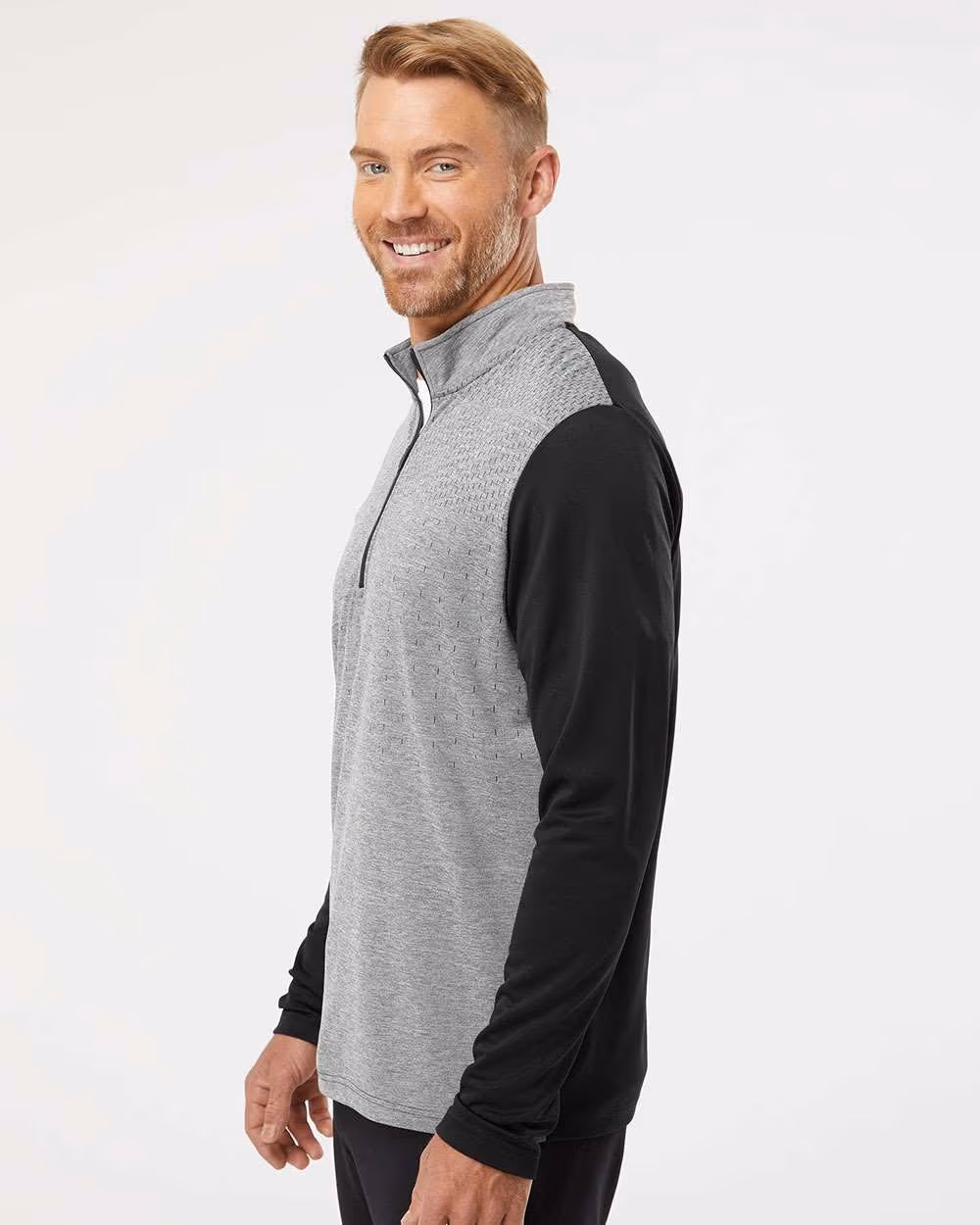 Custom Adidas Men's Ultimate365 Heather Block Print Quarter-Zip Pullover - Black Melange/ Black/ Grey Three side