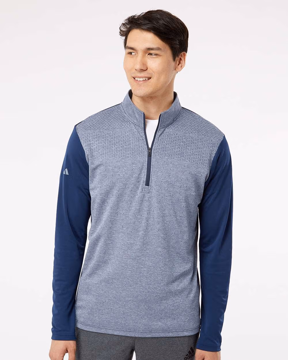 Custom Adidas Men's Ultimate365 Heather Block Print Quarter-Zip Pullover - Collegiate Navy Melange/ Navy/ Grey Three front