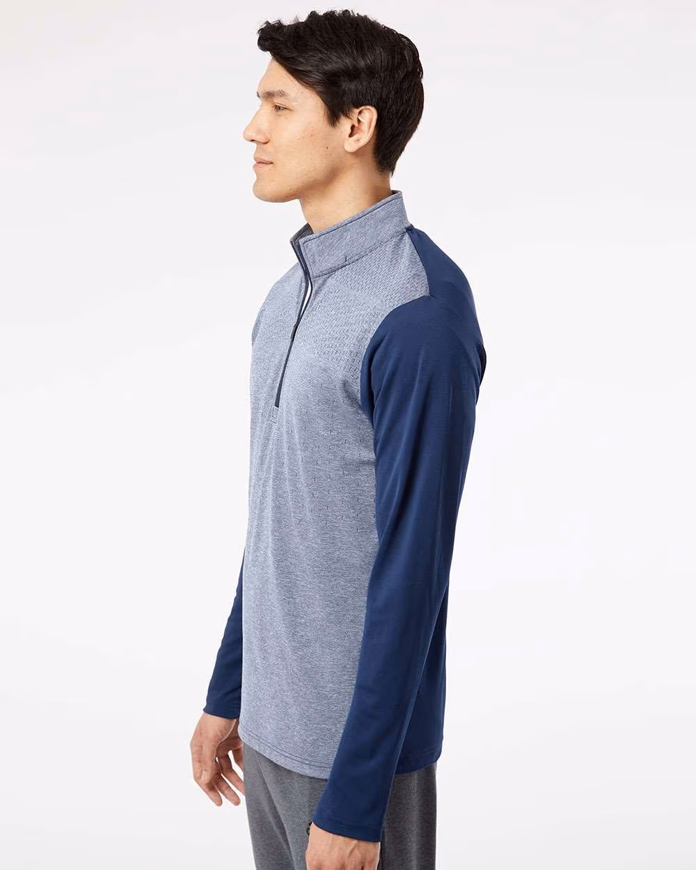 Custom Adidas Men's Ultimate365 Heather Block Print Quarter-Zip Pullover - Collegiate Navy Melange/ Navy/ Grey Three side