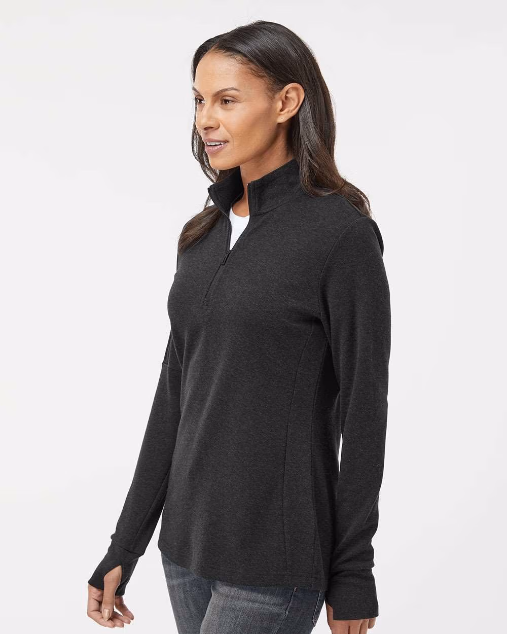 Custom Adidas Women's 3-Stripes Quarter-Zip Sweater Pullover - Black Melange side
